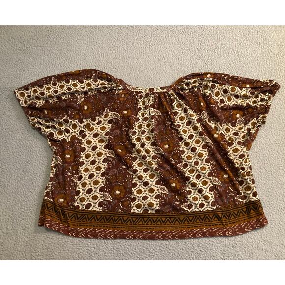 Rachel Zoe Top Large Oversized Slouchy V-Neck Peasant Floral Cottage Brown Cream - Picture 3 of 10